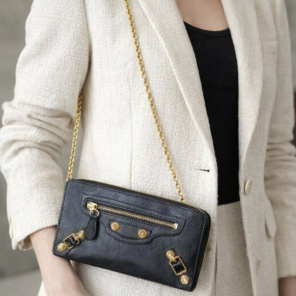 Balenciaga Black Leather CityWallet with Gold Accents